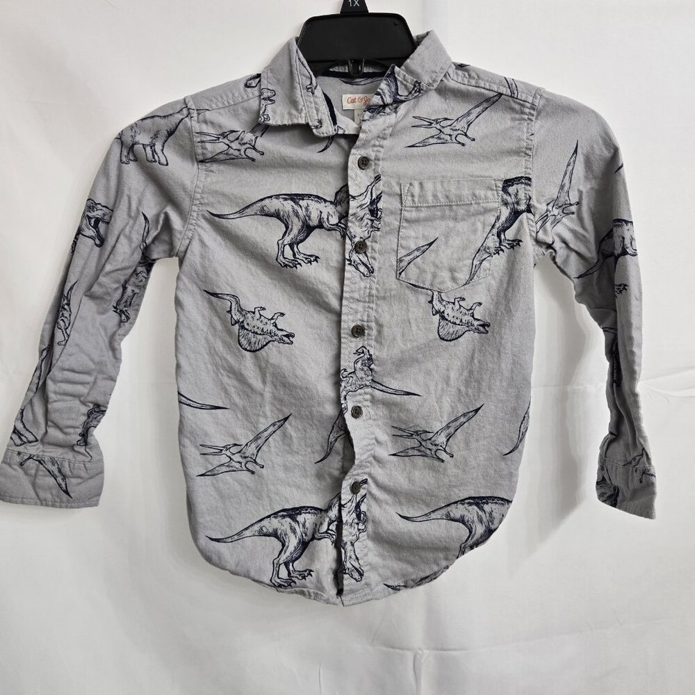 Cat & Jack Boys Small 6/7 Long Sleeve - Dinosaur Print Button Down T Rex